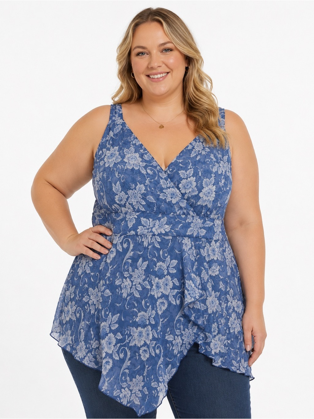 Avenue Blue Floral Chiffon Sleeveless Blouse Tank Top Plus Size 18/20